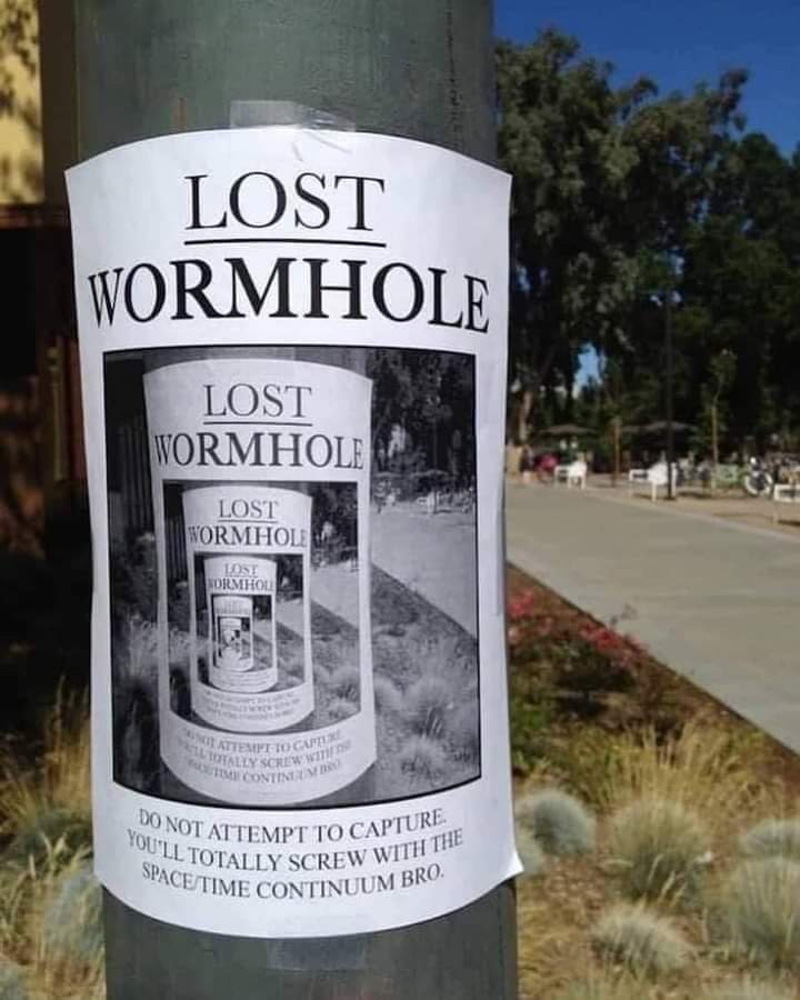 The meme is an image of a "lost" poster for a fictional creature called "Lost Wormhole" that has been sucked into a wormhole. The poster reads: "Lost Wormhole. If found, please return to the space-time continuum. Do not attempt to capture. You will be totally screwed."